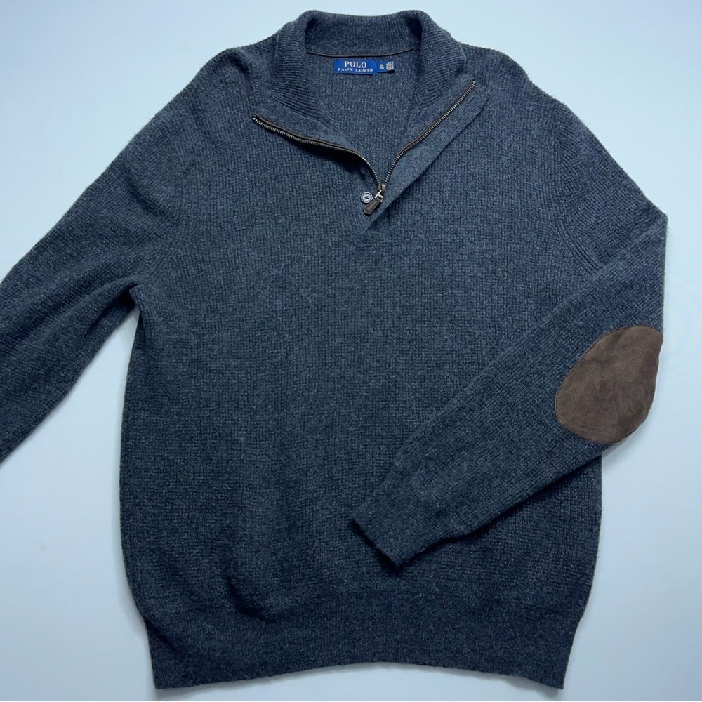 Polo Ralph Lauren 1/4 Zip Italian Wool Sweater Mens XL Leather Elbow Patches Vtg